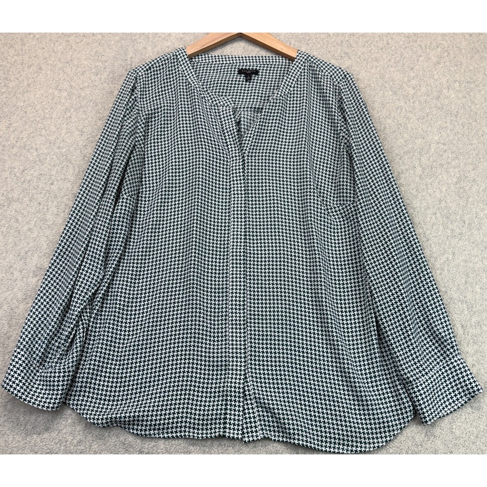 Talbots Womens Blouse Top Green White Houndstooth Button Front Modern Flowy X